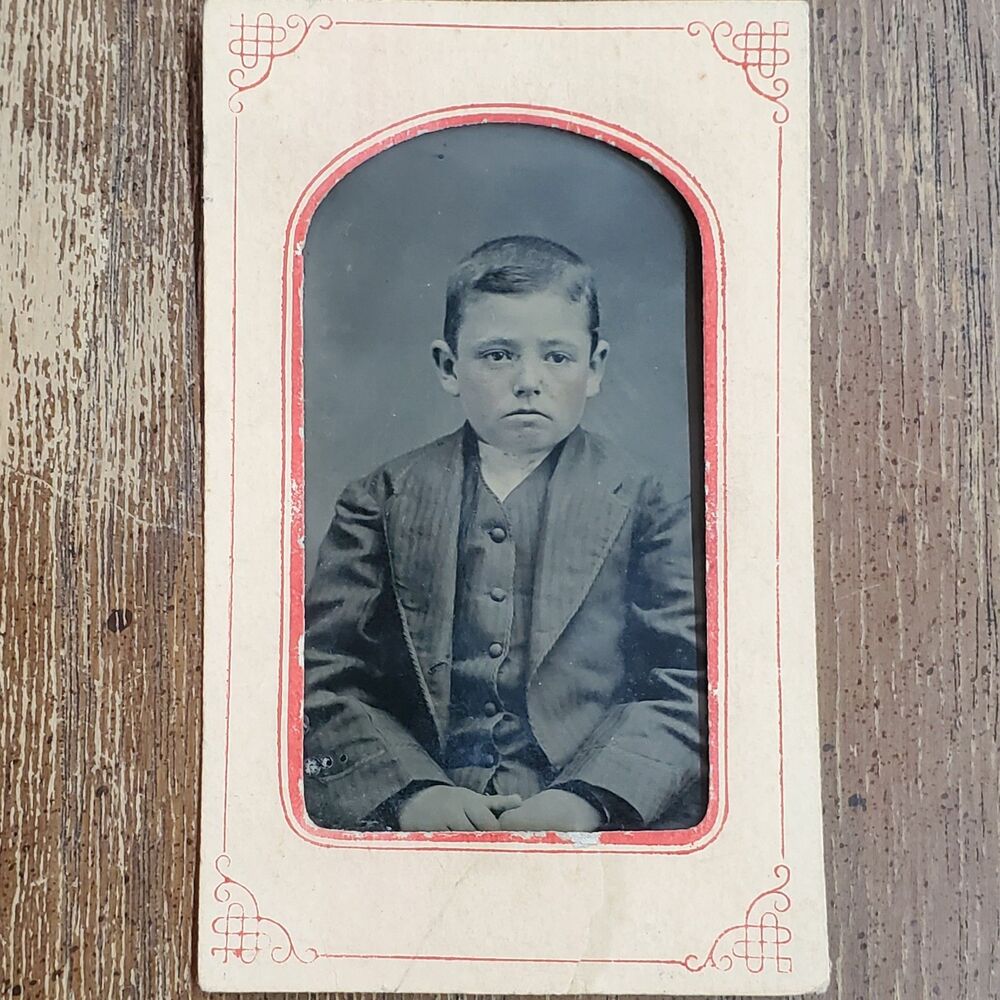 Antique Victorian Tintype Photo Young Boy in Paper Mat Frame 1800s Portrait